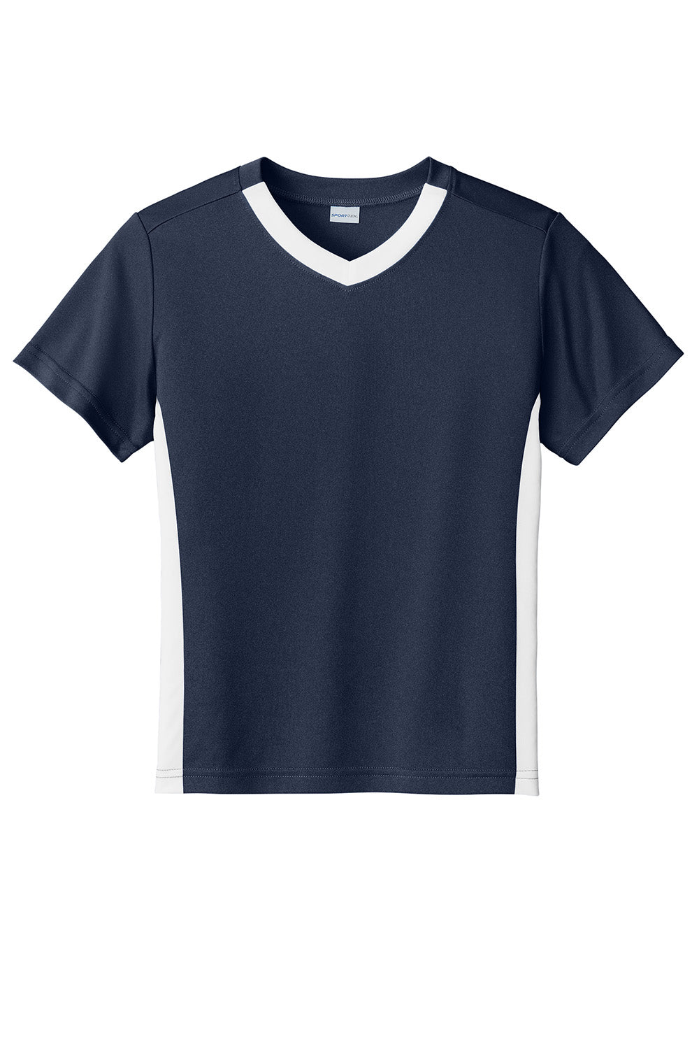 Sport-Tek YST101 Youth Competitor United Short Sleeve V-Neck T-Shirt True Navy Blue/White Flat Front