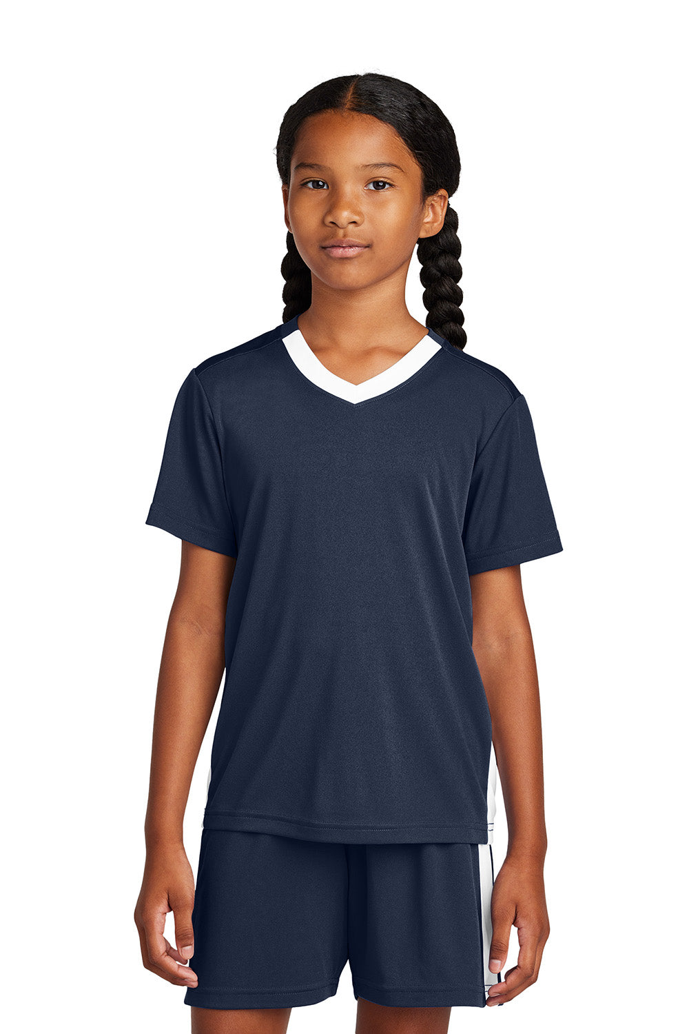 Sport-Tek YST101 Youth Competitor United Short Sleeve V-Neck T-Shirt True Navy Blue/White Model Front