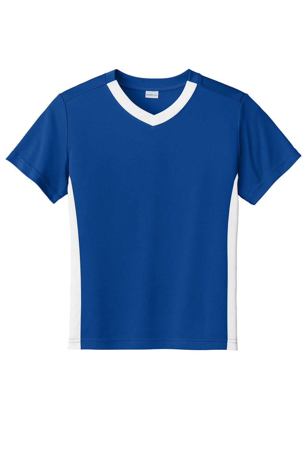 Sport-Tek YST101 Youth Competitor United Short Sleeve V-Neck T-Shirt True Royal Blue/White Flat Front