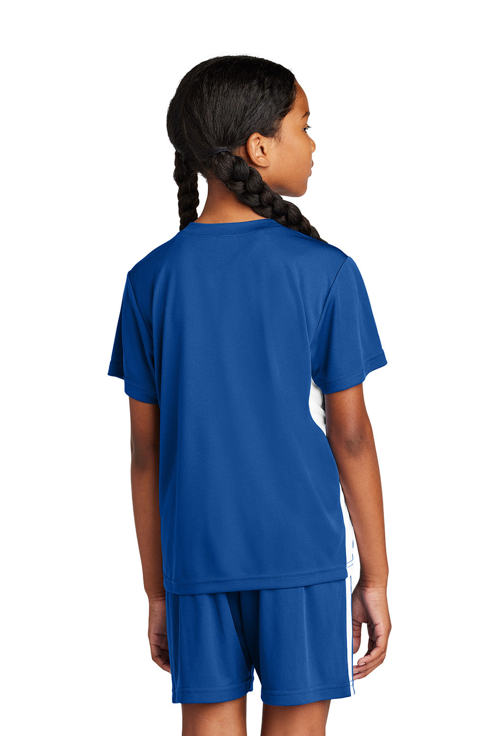 Sport-Tek YST101 Youth Competitor United Short Sleeve V-Neck T-Shirt True Royal Blue/White Model Back