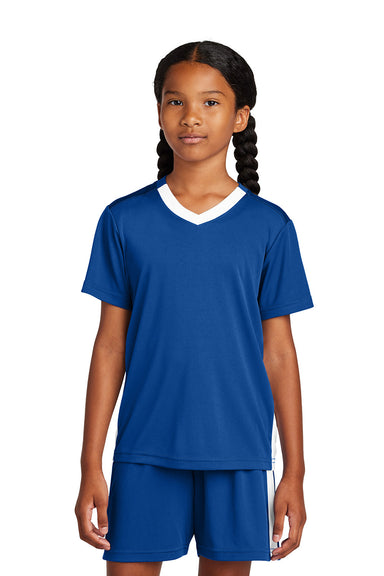 Sport-Tek YST101 Youth Competitor United Short Sleeve V-Neck T-Shirt True Royal Blue/White Model Front