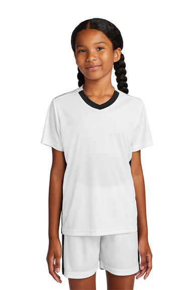 Sport-Tek YST101 Youth Competitor United Short Sleeve V-Neck T-Shirt White/Black Model Front