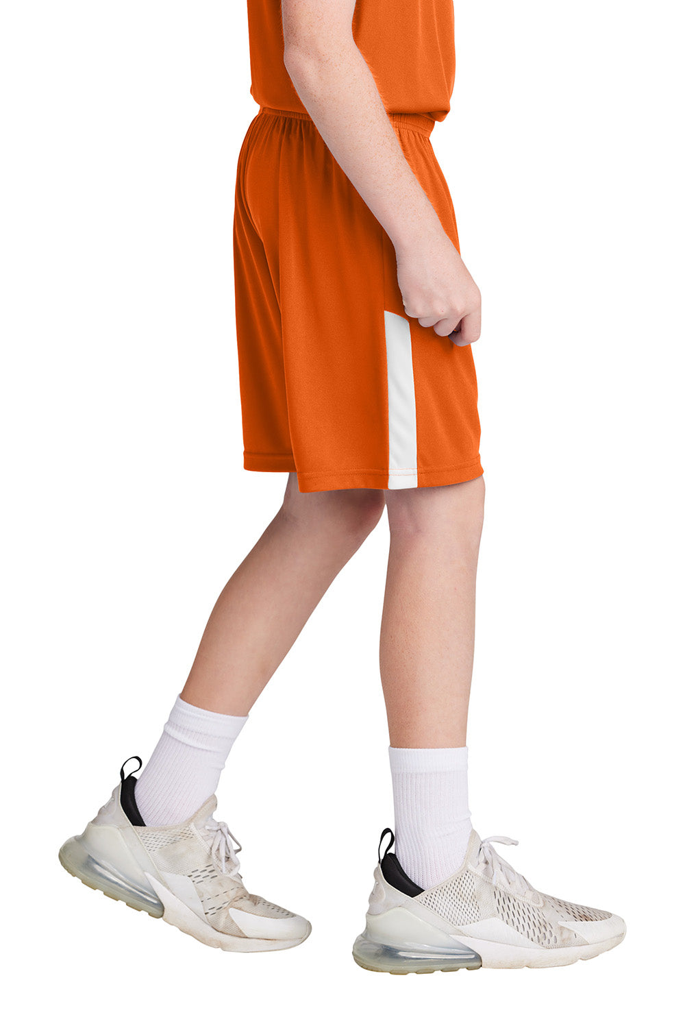 Sport-Tek YST103 Youth Competitor United Athletic Shorts Deep Orange/White Model Side