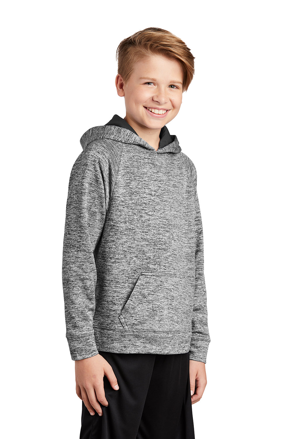 Sport-Tek YST225 Youth Electric Heather Moisture Wicking Fleece Hooded Sweatshirt Hoodie Black Electric Model 3q