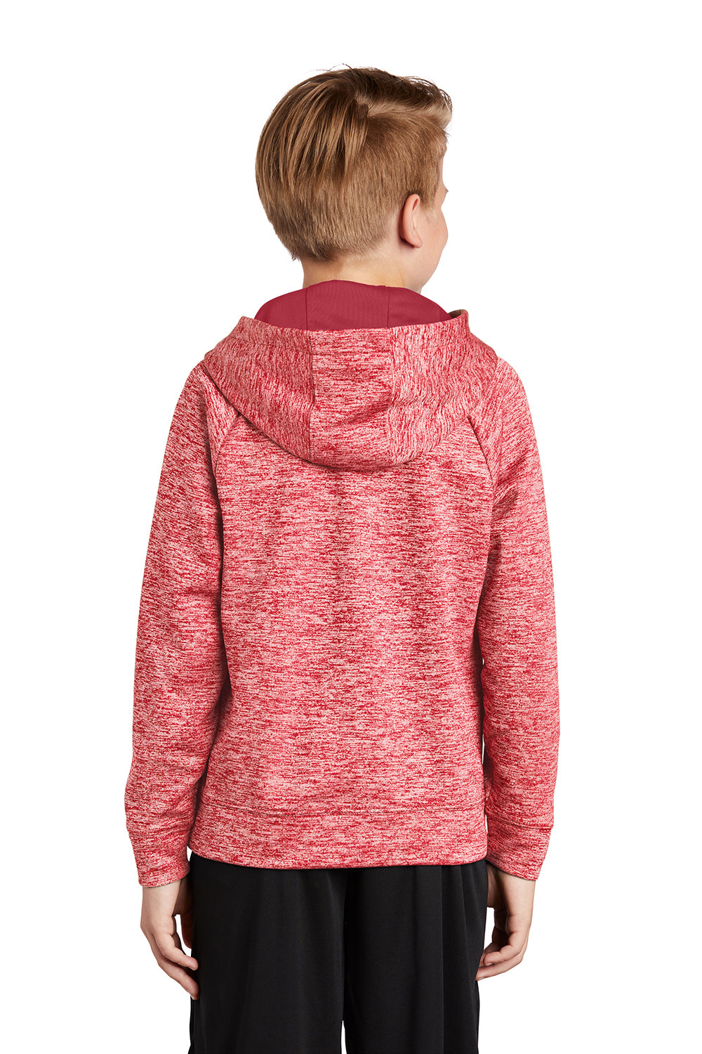 Sport-Tek YST225 Youth Electric Heather Moisture Wicking Fleece Hooded Sweatshirt Hoodie Deep Red Electric Model Back