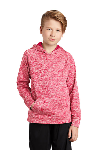 Sport-Tek YST225 Youth Electric Heather Moisture Wicking Fleece Hooded Sweatshirt Hoodie Power Pink Electric Model Front