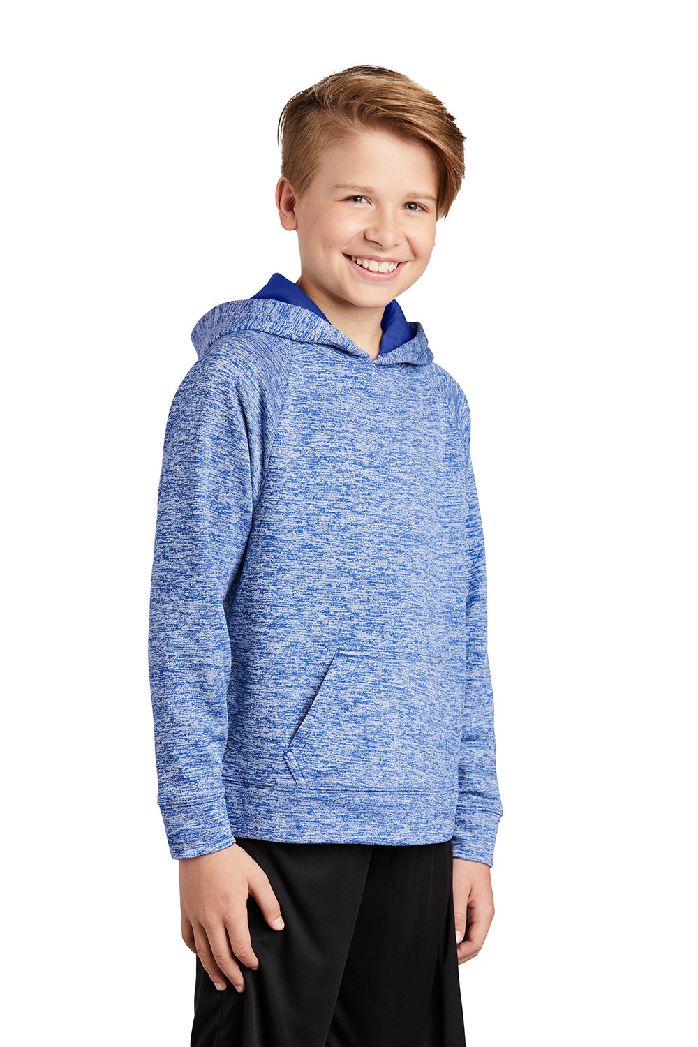 Sport-Tek YST225 Youth Electric Heather Moisture Wicking Fleece Hooded Sweatshirt Hoodie True Royal Blue Electric Model 3q