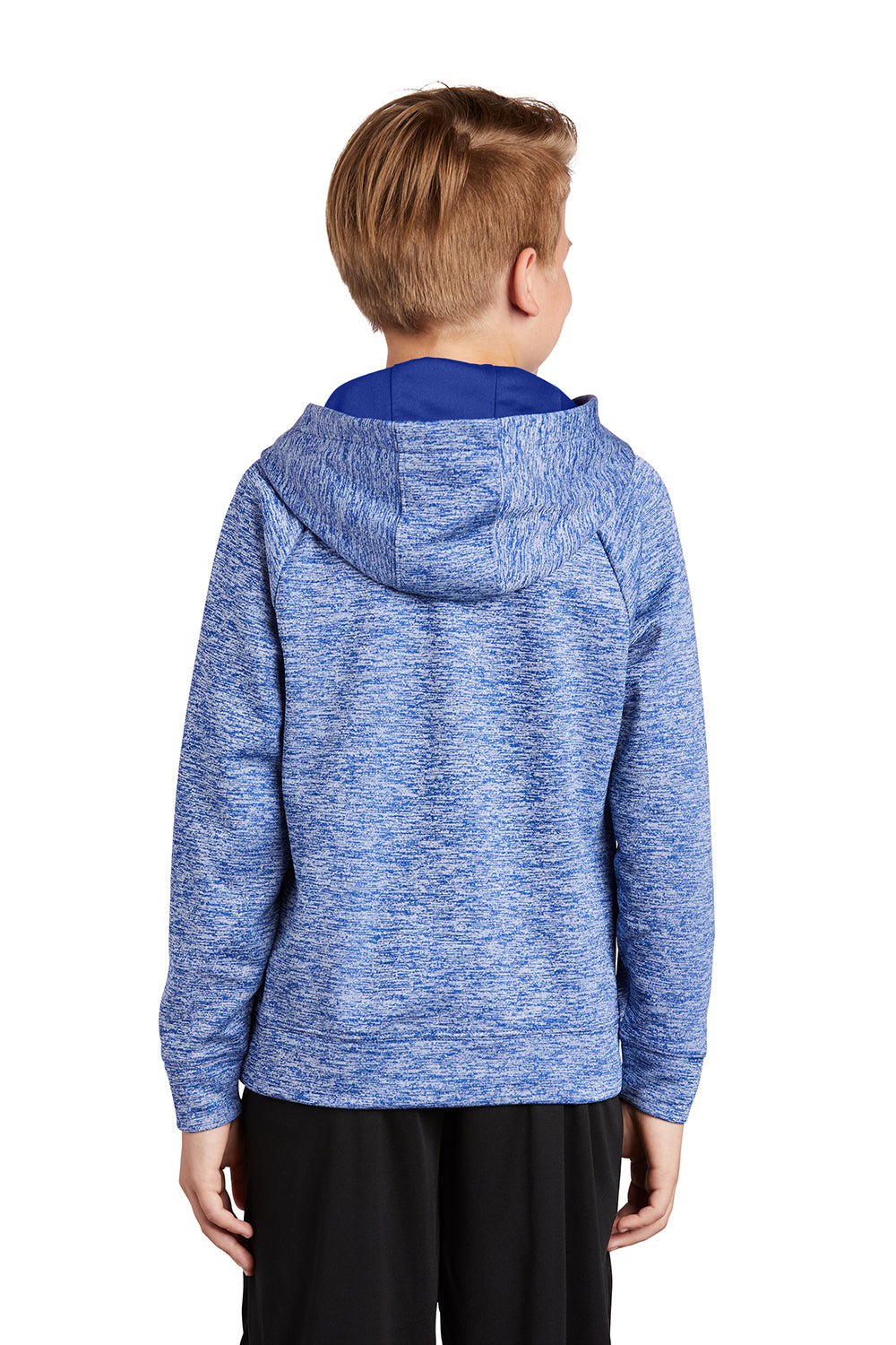 Sport-Tek YST225 Youth Electric Heather Moisture Wicking Fleece Hooded Sweatshirt Hoodie True Royal Blue Electric Model Back