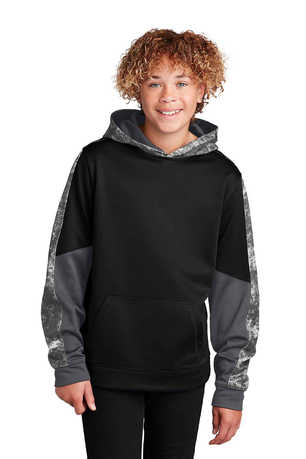 Sport-Tek YST231 Youth Sport-Wick Mineral Freeze Moisture Wicking Fleece Hooded Sweatshirt Hoodie Black Model Front