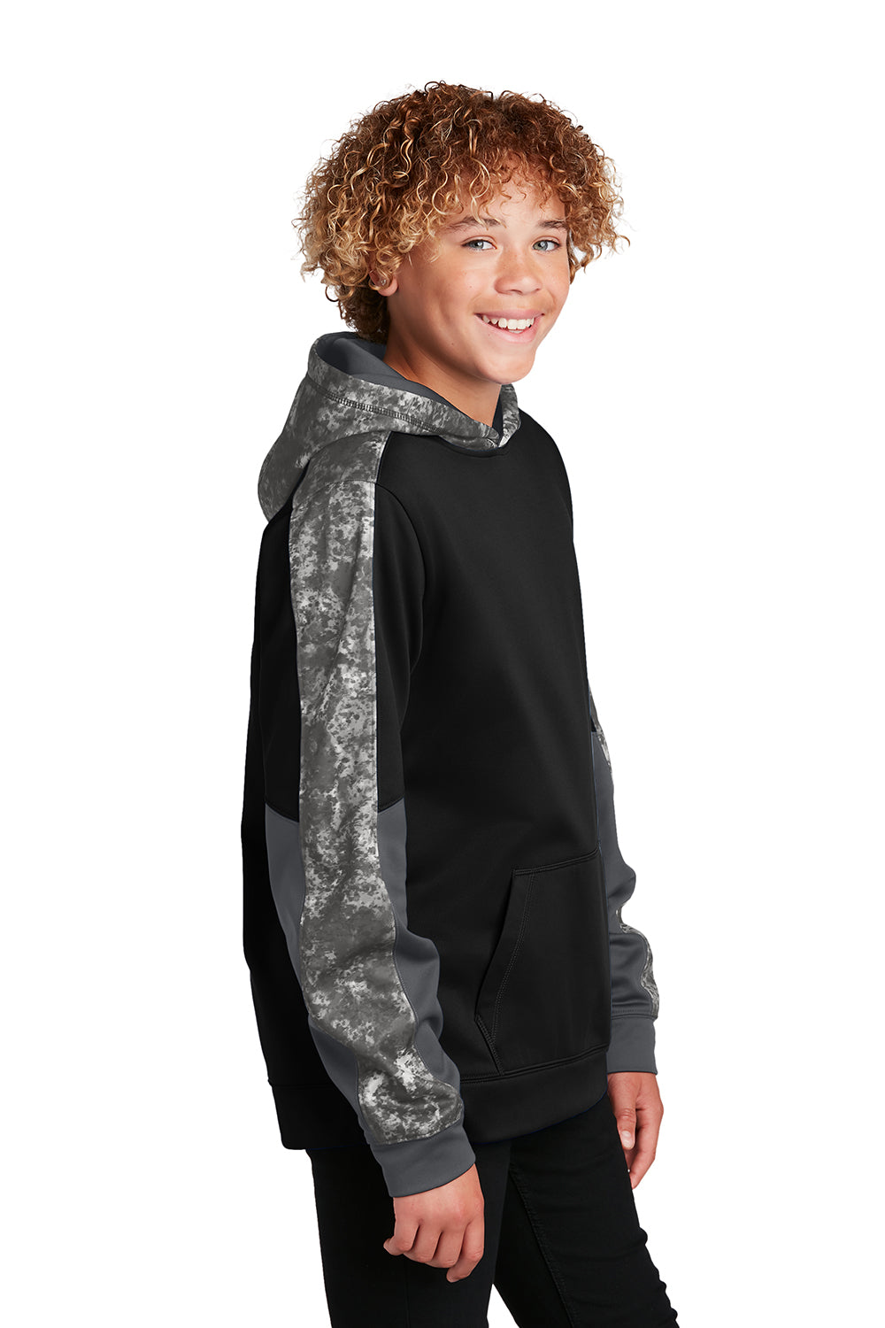 Sport-Tek YST231 Youth Sport-Wick Mineral Freeze Moisture Wicking Fleece Hooded Sweatshirt Hoodie Black Model Side