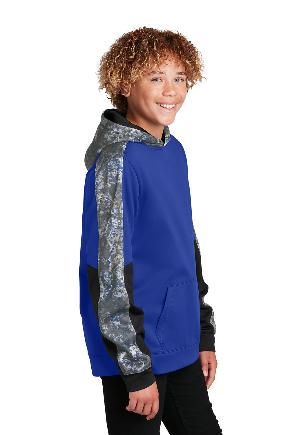 Sport-Tek YST231 Youth Sport-Wick Mineral Freeze Moisture Wicking Fleece Hooded Sweatshirt Hoodie True Royal Blue Model Side