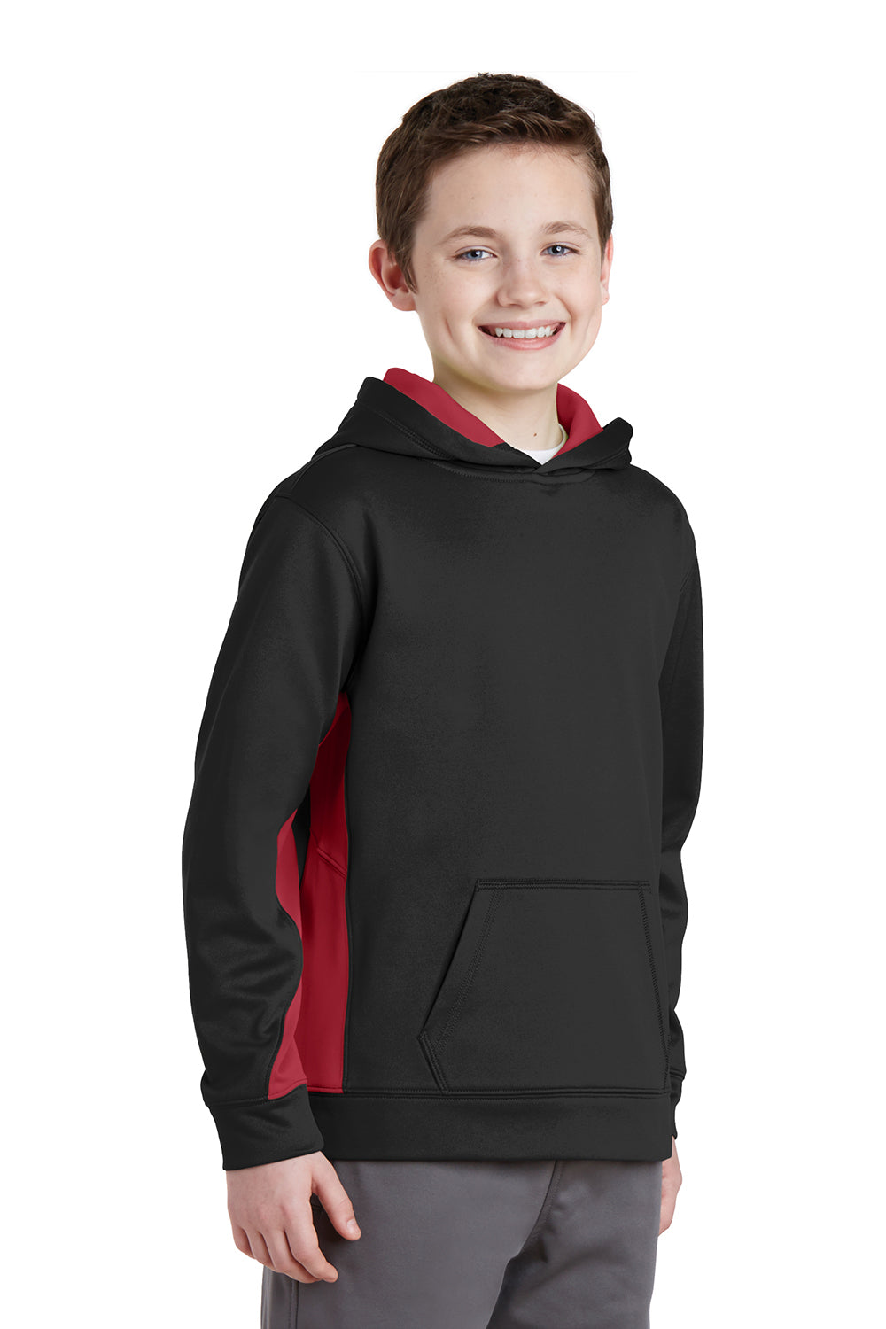 Sport-Tek YST235 Youth Sport-Wick Moisture Wicking Fleece Hooded Sweatshirt Hoodie Black/Deep Red Model 3q