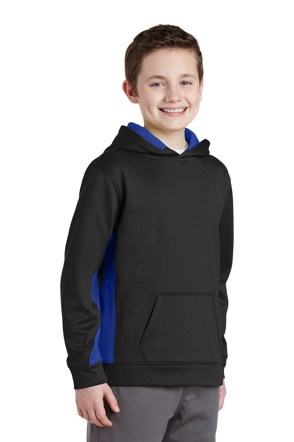 Sport-Tek YST235 Youth Sport-Wick Moisture Wicking Fleece Hooded Sweatshirt Hoodie Black/True Royal Blue Model 3q