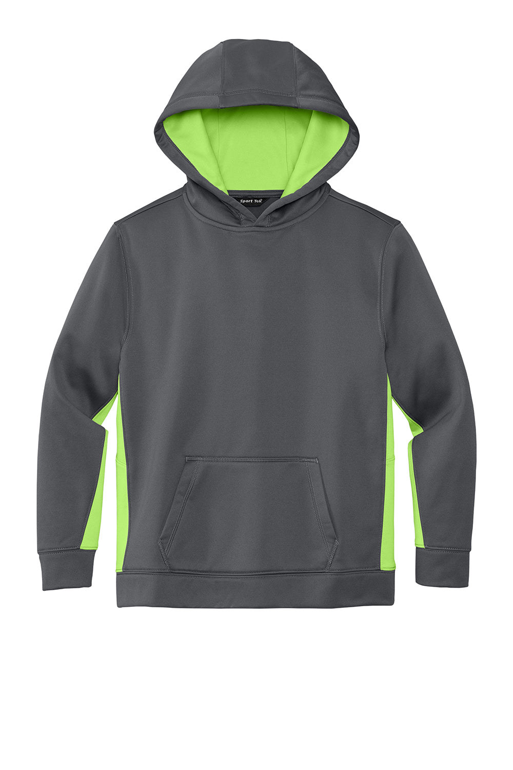 Sport-Tek YST235 Youth Sport-Wick Moisture Wicking Fleece Hooded Sweatshirt Hoodie Dark Smoke Grey/Lime Shock Green Flat Front