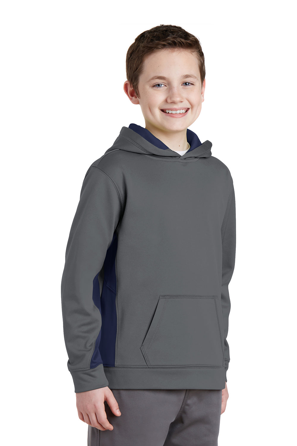 Sport-Tek YST235 Youth Sport-Wick Moisture Wicking Fleece Hooded Sweatshirt Hoodie Dark Smoke Grey/True Navy Blue Model 3q