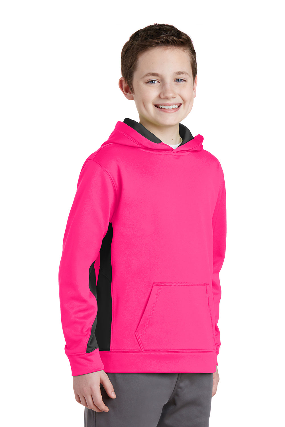 Sport-Tek YST235 Youth Sport-Wick Moisture Wicking Fleece Hooded Sweatshirt Hoodie Neon Pink/Black Model 3q