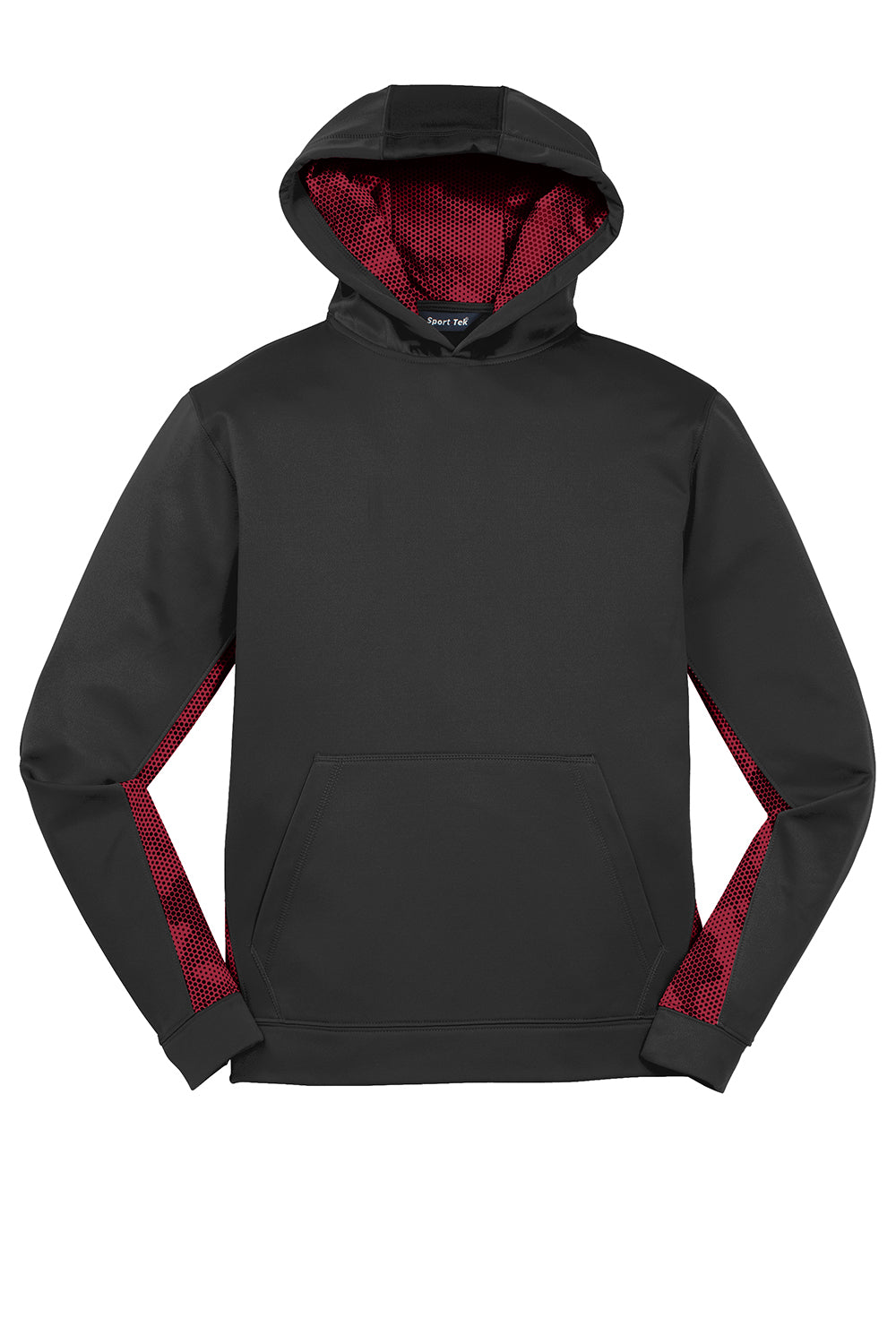 Sport-Tek YST239 Youth Sport-Wick CamoHex Moisture Wicking Fleece Hooded Sweatshirt Hoodie Black/Deep Red Flat Front