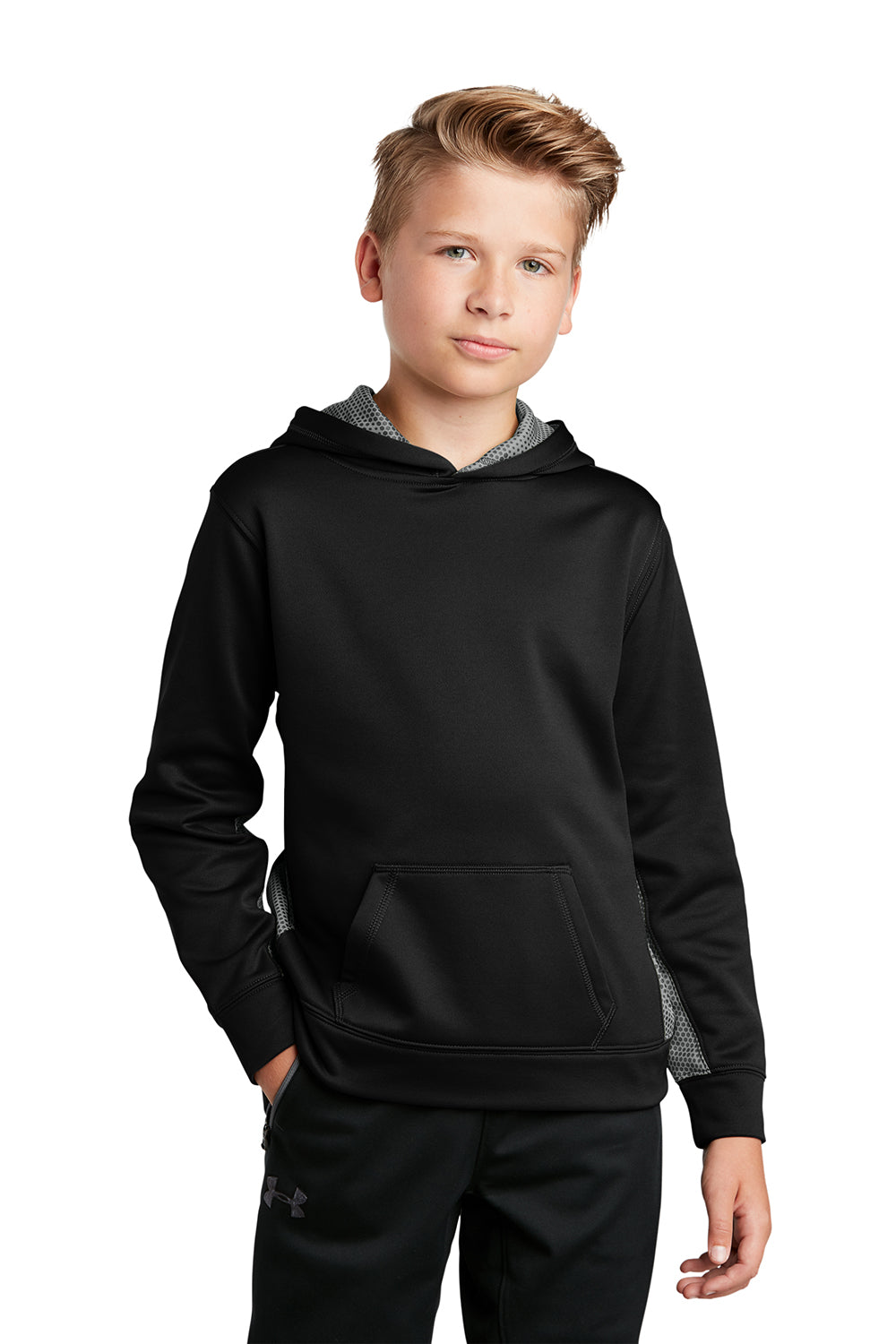 Sport-Tek YST239 Youth Sport-Wick CamoHex Moisture Wicking Fleece Hooded Sweatshirt Hoodie Black/Dark Smoke Grey Model Front