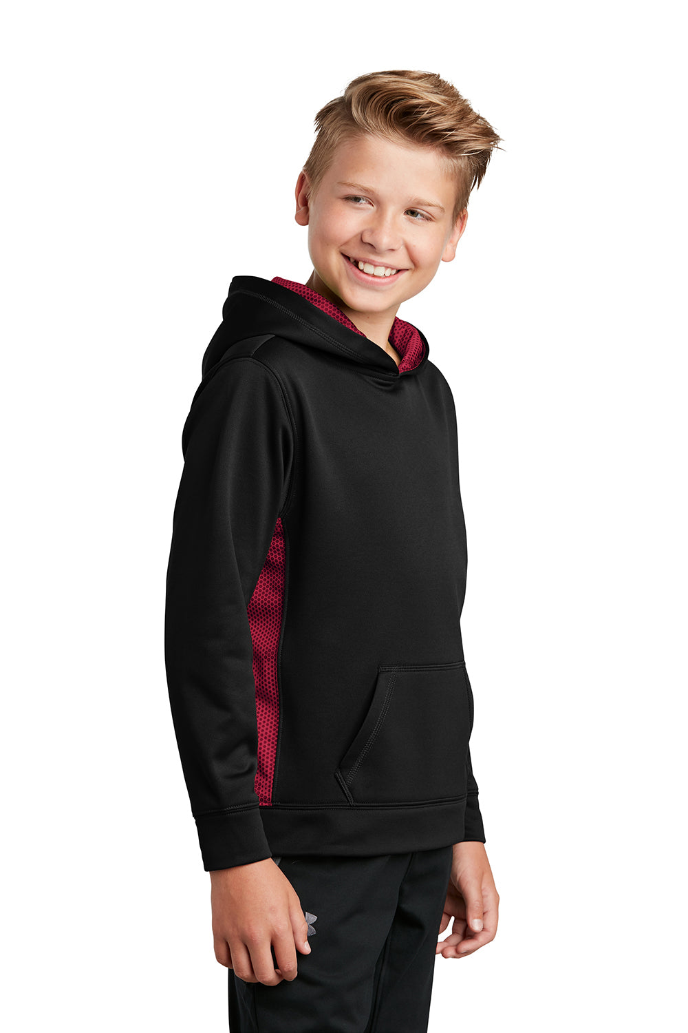 Sport-Tek YST239 Youth Sport-Wick CamoHex Moisture Wicking Fleece Hooded Sweatshirt Hoodie Black/Deep Red Model 3q