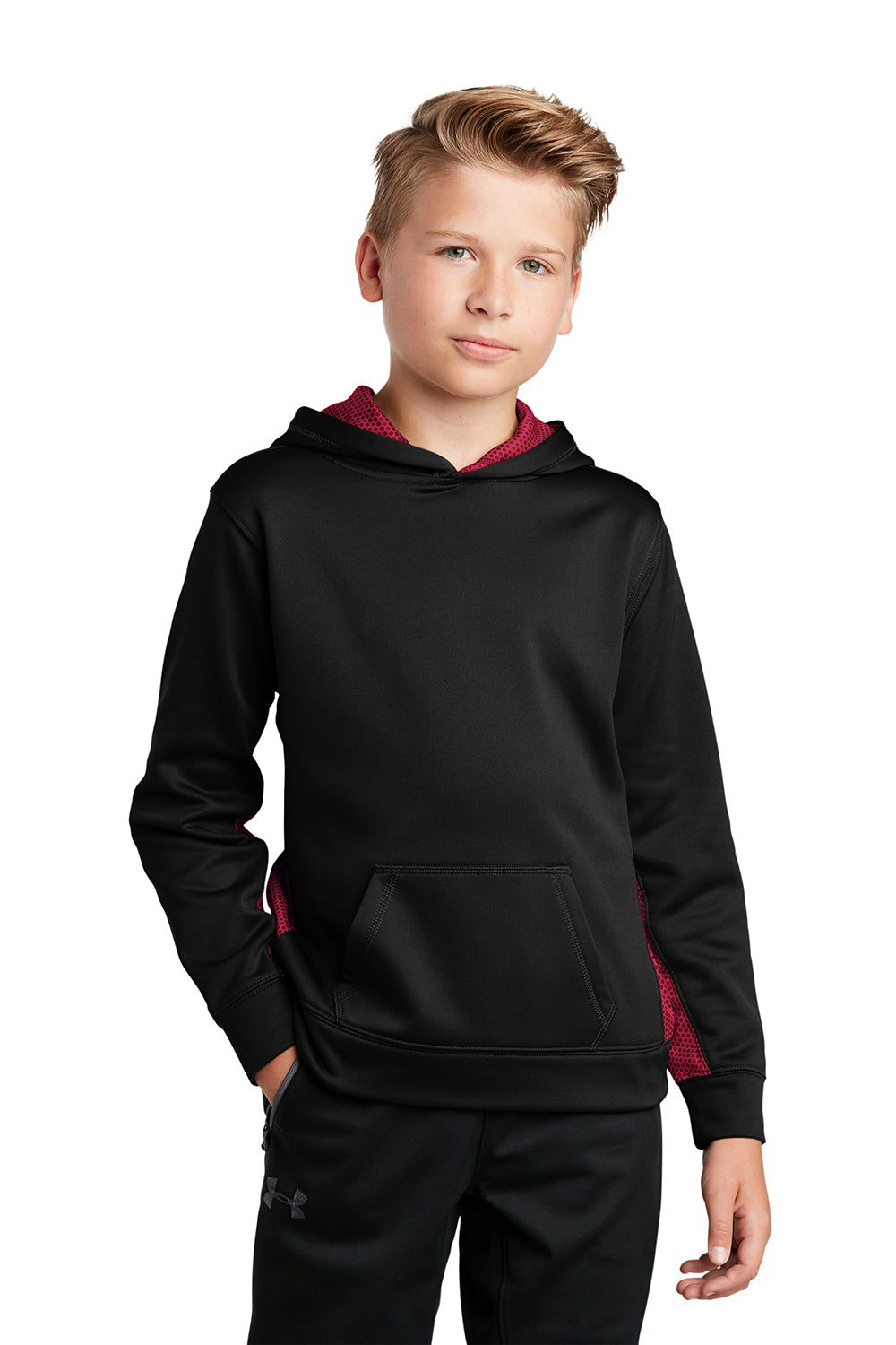 Sport-Tek YST239 Youth Sport-Wick CamoHex Moisture Wicking Fleece Hooded Sweatshirt Hoodie Black/Deep Red Model Front