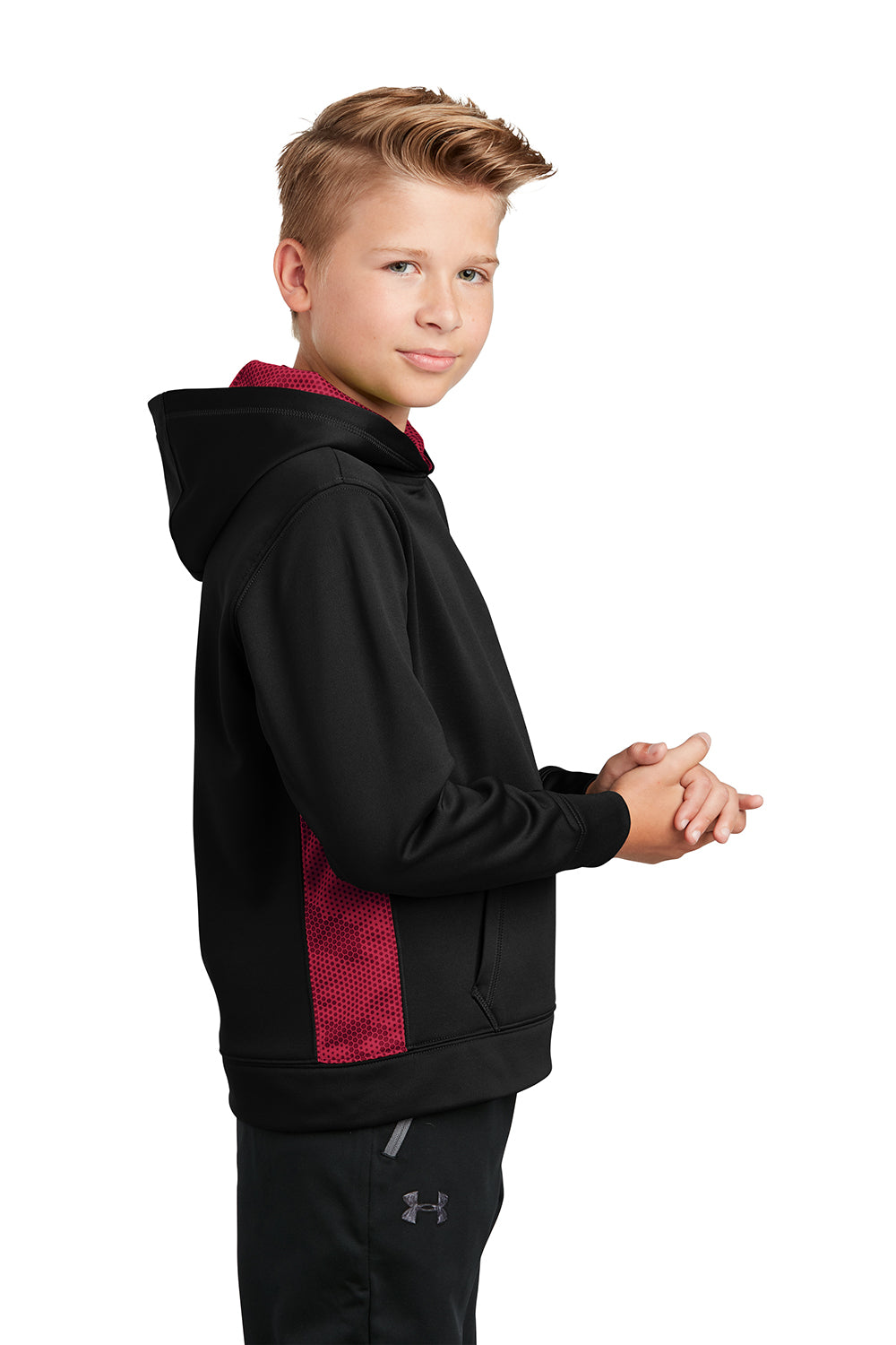 Sport-Tek YST239 Youth Sport-Wick CamoHex Moisture Wicking Fleece Hooded Sweatshirt Hoodie Black/Deep Red Model Side