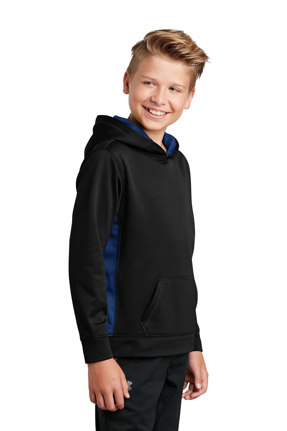 Sport-Tek YST239 Youth Sport-Wick CamoHex Moisture Wicking Fleece Hooded Sweatshirt Hoodie Black/True Royal Blue Model 3q