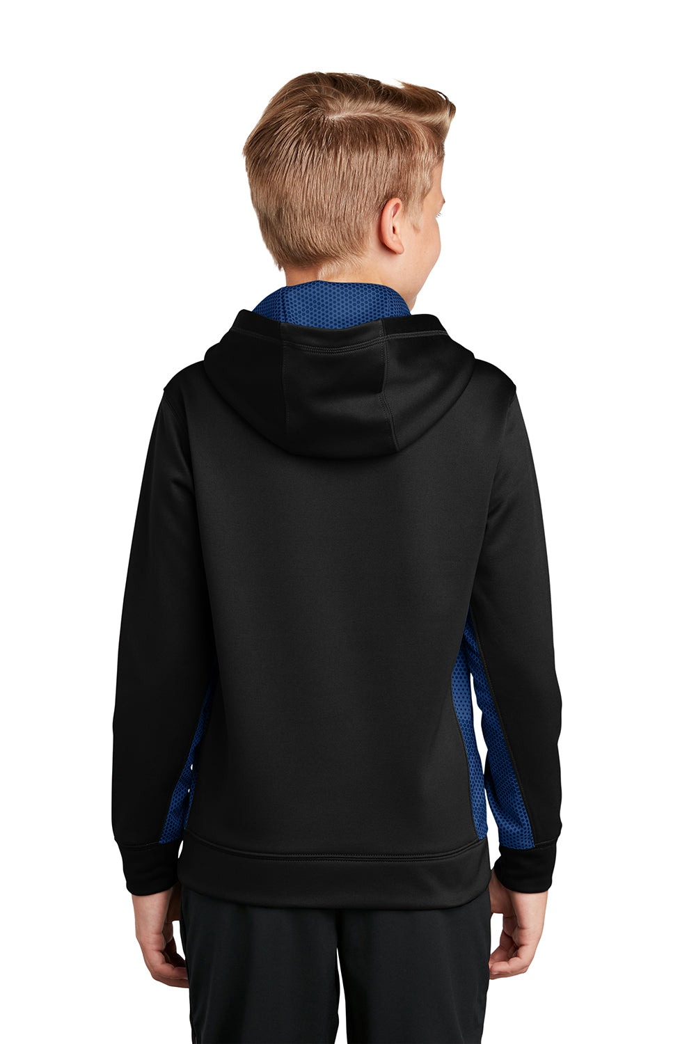 Sport-Tek YST239 Youth Sport-Wick CamoHex Moisture Wicking Fleece Hooded Sweatshirt Hoodie Black/True Royal Blue Model Back