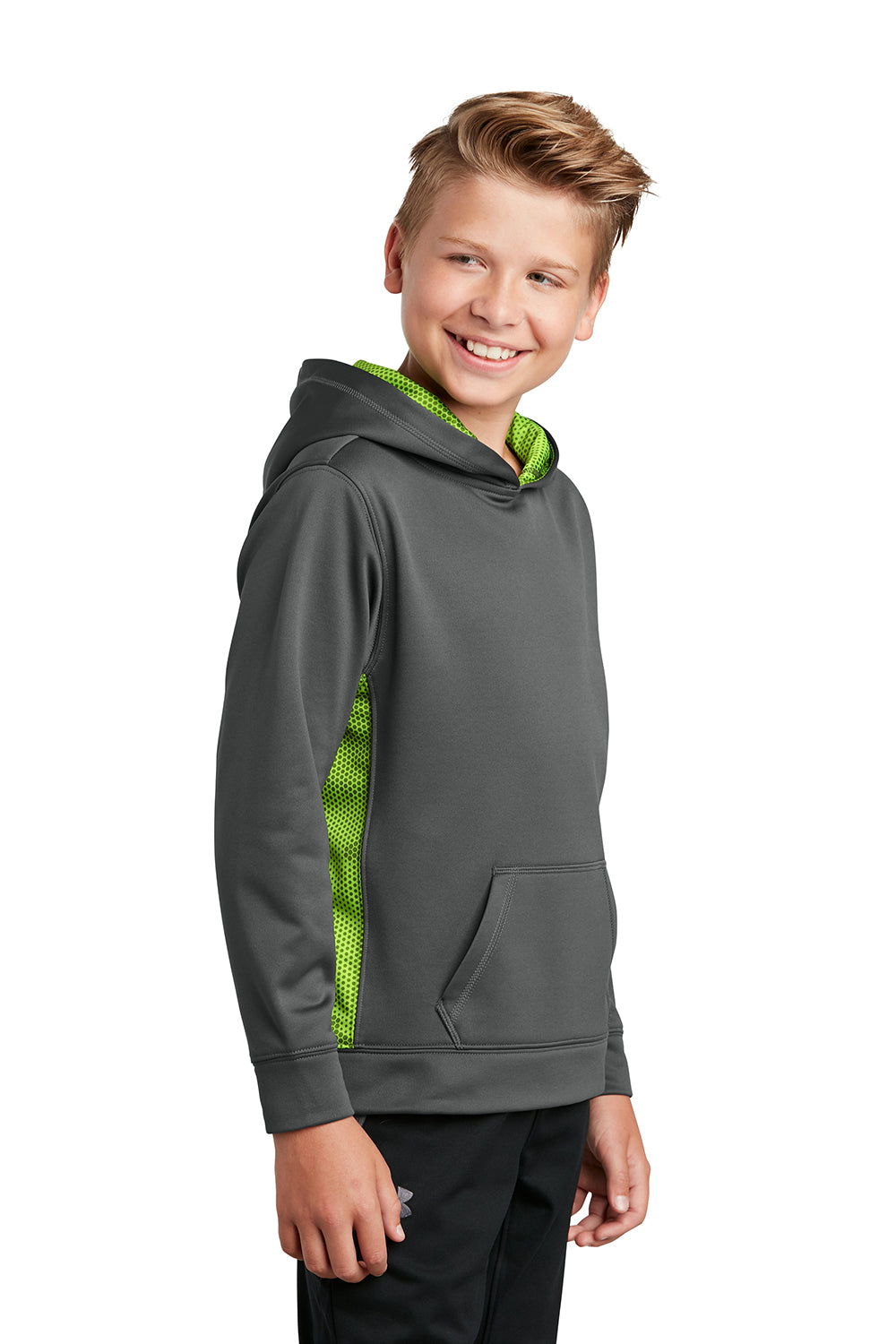 Sport-Tek YST239 Youth Sport-Wick CamoHex Moisture Wicking Fleece Hooded Sweatshirt Hoodie Dark Smoke Grey/Lime Shock Green Model 3q