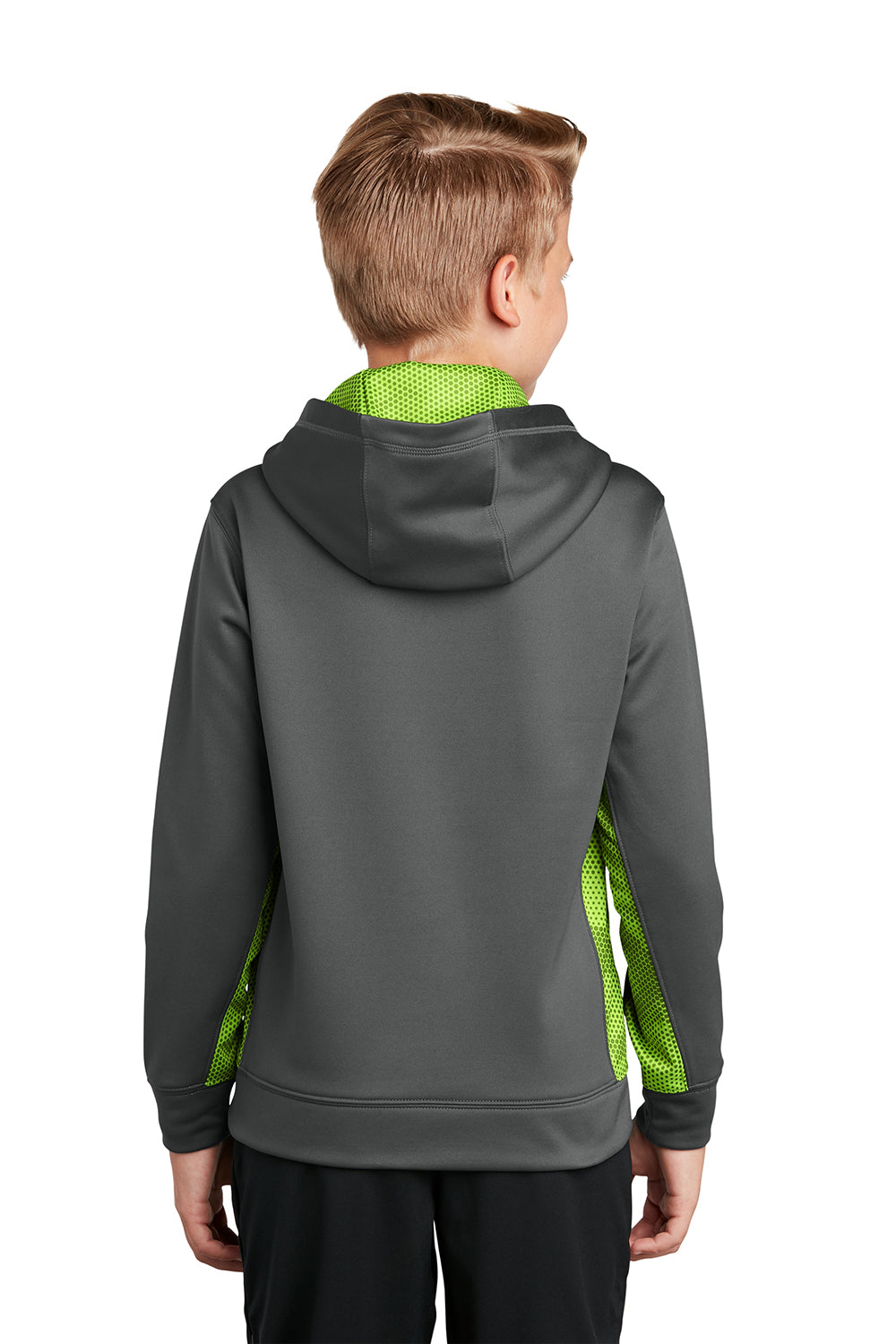 Sport-Tek YST239 Youth Sport-Wick CamoHex Moisture Wicking Fleece Hooded Sweatshirt Hoodie Dark Smoke Grey/Lime Shock Green Model Back