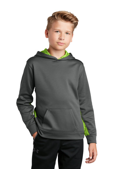 Sport-Tek YST239 Youth Sport-Wick CamoHex Moisture Wicking Fleece Hooded Sweatshirt Hoodie Dark Smoke Grey/Lime Shock Green Model Front