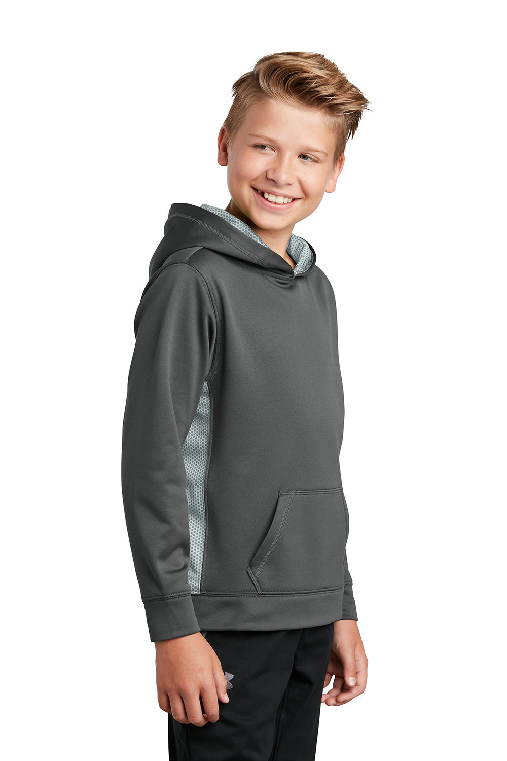 Sport-Tek YST239 Youth Sport-Wick CamoHex Moisture Wicking Fleece Hooded Sweatshirt Hoodie Dark Smoke Grey/White Model 3q