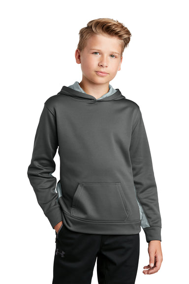 Sport-Tek YST239 Youth Sport-Wick CamoHex Moisture Wicking Fleece Hooded Sweatshirt Hoodie Dark Smoke Grey/White Model Front