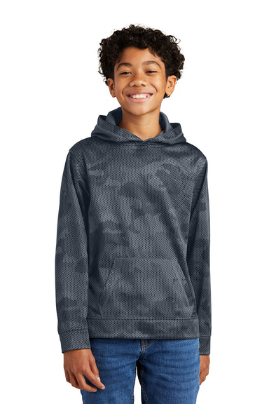 Sport-Tek YST240 Youth Sport-Wick CamoHex Moisture Wicking Fleece Hooded Sweatshirt Hoodie Dark Smoke Grey Model Front