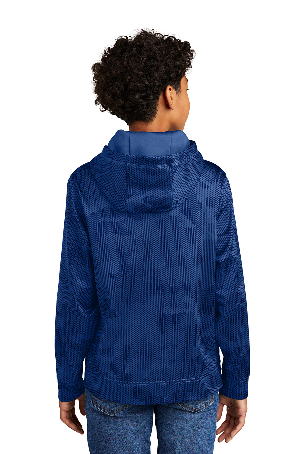 Sport-Tek YST240 Youth Sport-Wick CamoHex Moisture Wicking Fleece Hooded Sweatshirt Hoodie True Royal Blue Model Back