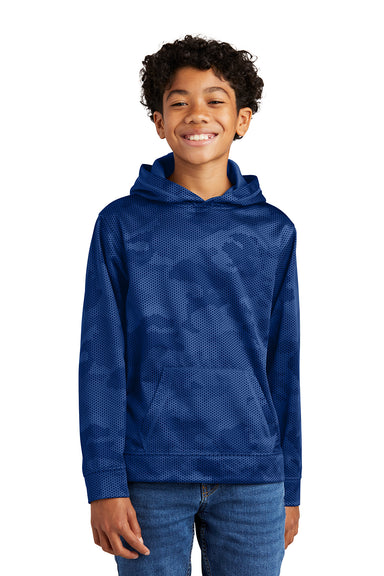 Sport-Tek YST240 Youth Sport-Wick CamoHex Moisture Wicking Fleece Hooded Sweatshirt Hoodie True Royal Blue Model Front