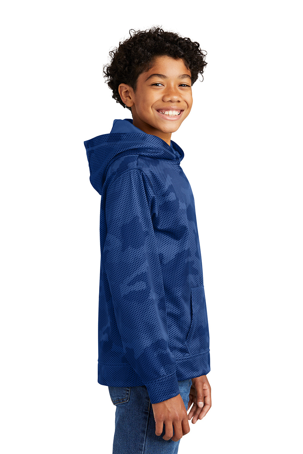 Sport-Tek YST240 Youth Sport-Wick CamoHex Moisture Wicking Fleece Hooded Sweatshirt Hoodie True Royal Blue Model Side