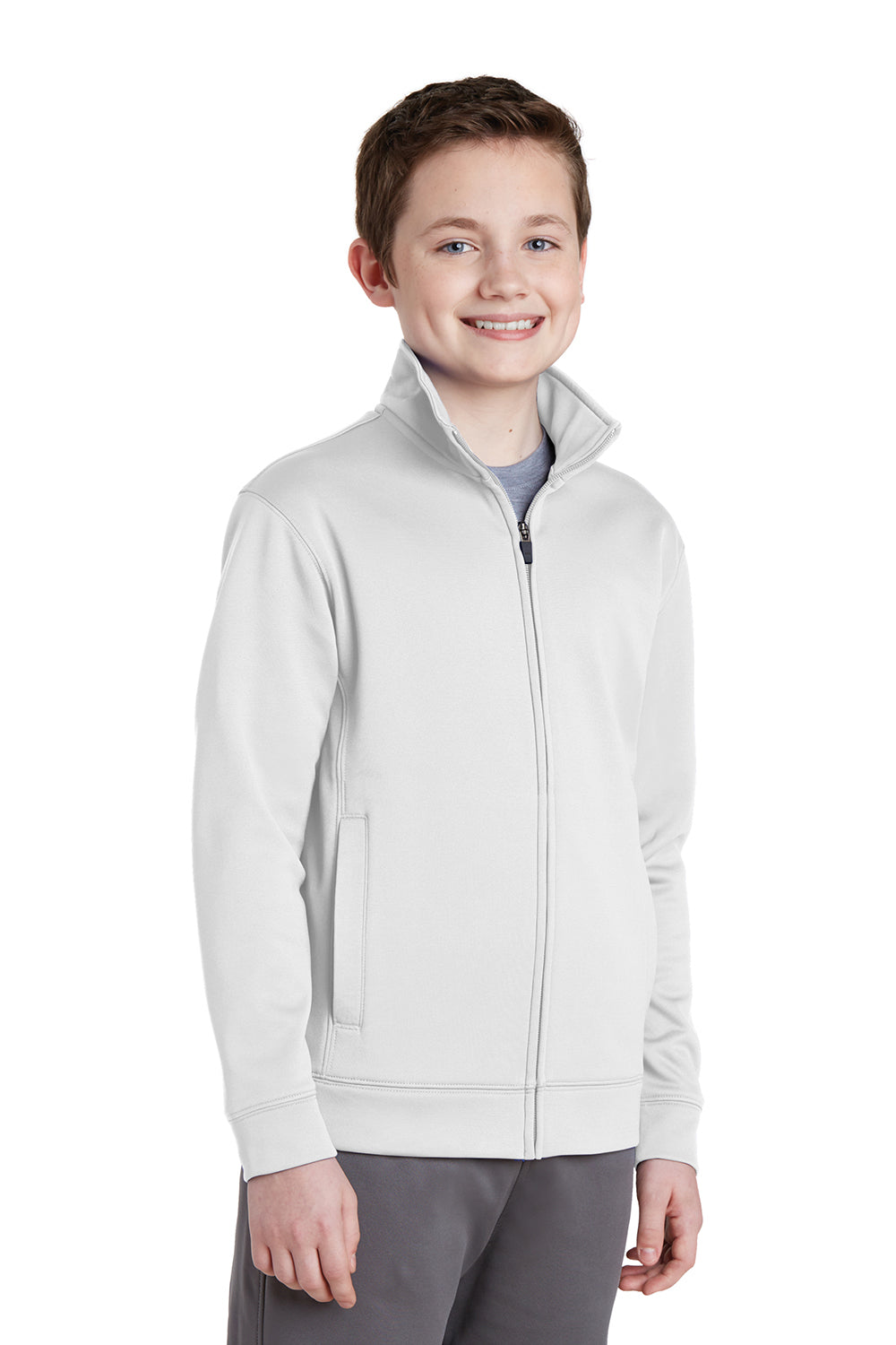 Sport-Tek YST241 Youth Sport-Wick Moisture Wicking Fleece Full Zip Sweatshirt White Model 3q