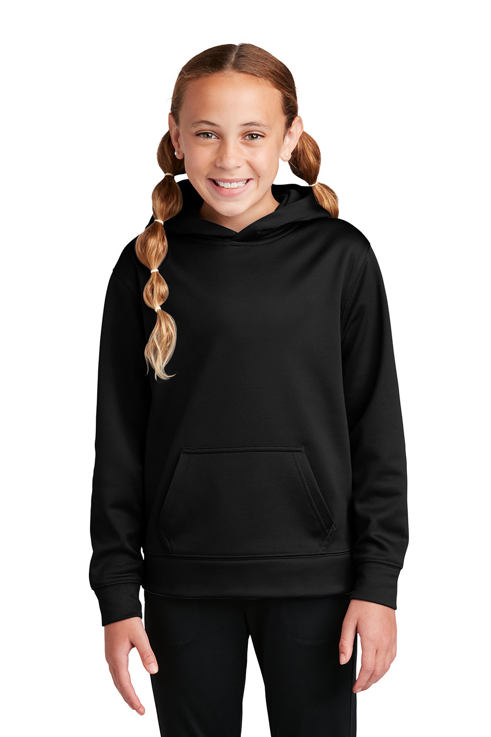 Sport-Tek YST244 Youth Sport-Wick Moisture Wicking Fleece Hooded Sweatshirt Hoodie Black Model Front