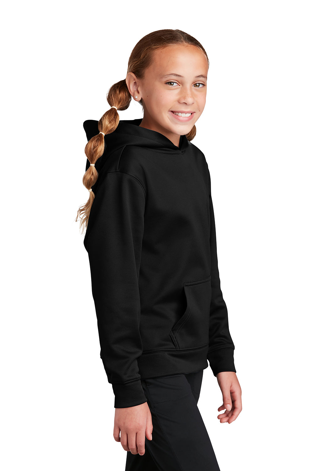 Sport-Tek YST244 Youth Sport-Wick Moisture Wicking Fleece Hooded Sweatshirt Hoodie Black Model Side