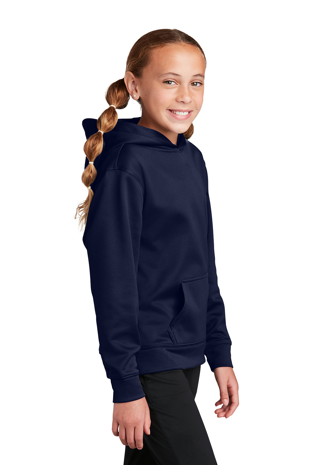 Sport-Tek YST244 Youth Sport-Wick Moisture Wicking Fleece Hooded Sweatshirt Hoodie Navy Blue Model Side