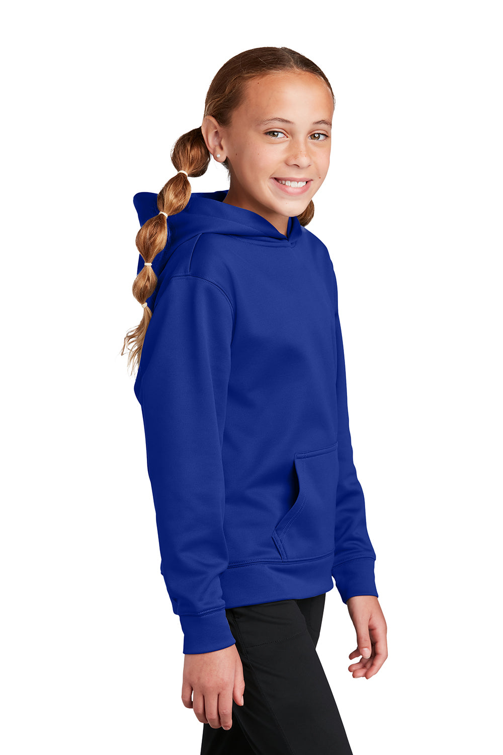 Sport-Tek YST244 Youth Sport-Wick Moisture Wicking Fleece Hooded Sweatshirt Hoodie True Royal Blue Model Side