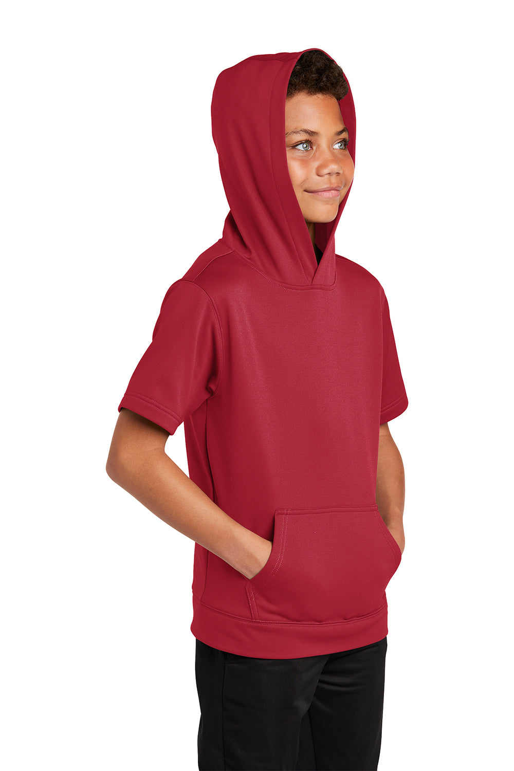 Sport-Tek YST251 Youth Fleece Moisture Wicking Short Sleeve Hooded Sweatshirt Hoodie Deep Red Model 3q