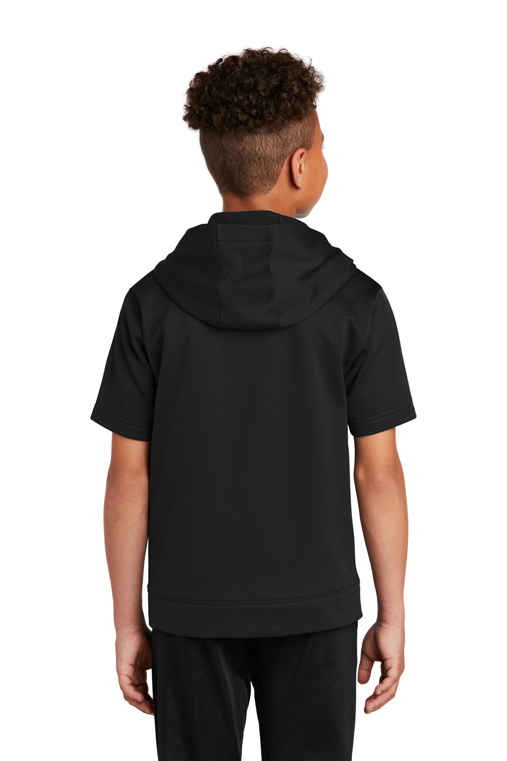 Sport-Tek YST251 Youth Fleece Moisture Wicking Short Sleeve Hooded Sweatshirt Hoodie Black Model Back