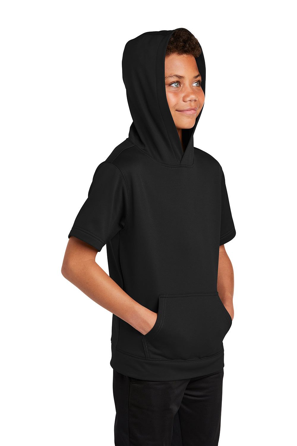 Sport-Tek YST251 Youth Fleece Moisture Wicking Short Sleeve Hooded Sweatshirt Hoodie Black Model 3q