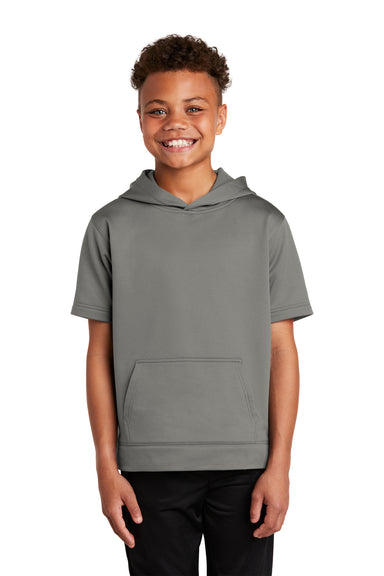 Sport-Tek YST251 Youth Fleece Moisture Wicking Short Sleeve Hooded Sweatshirt Hoodie Dark Smoke Grey Model Front