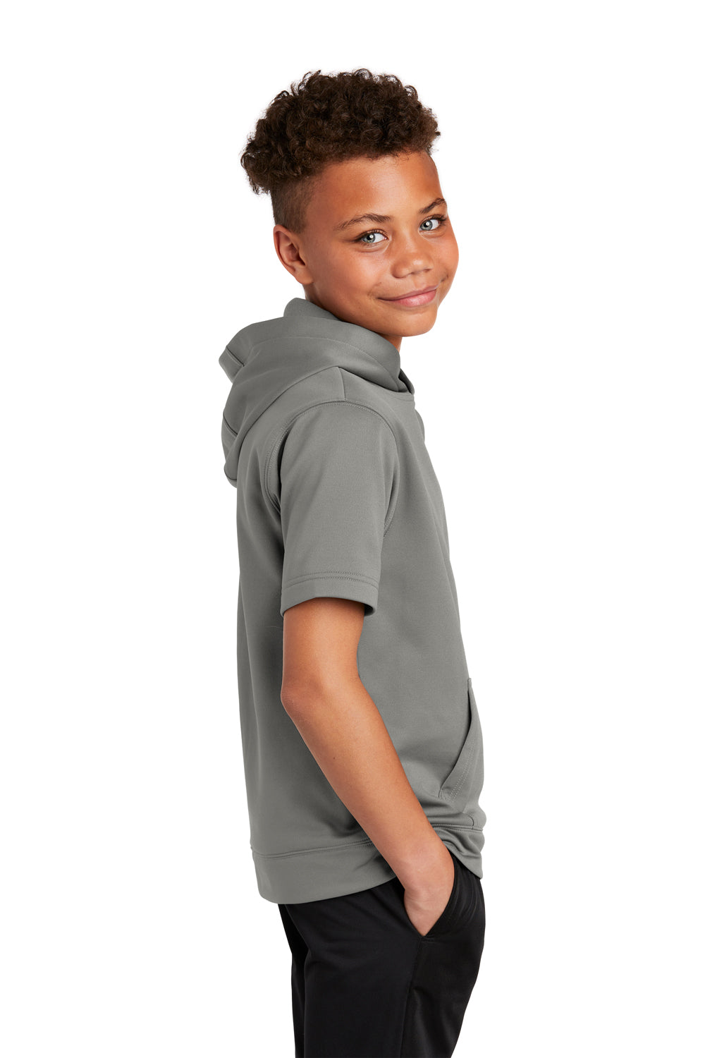 Sport-Tek YST251 Youth Fleece Moisture Wicking Short Sleeve Hooded Sweatshirt Hoodie Dark Smoke Grey Model Side