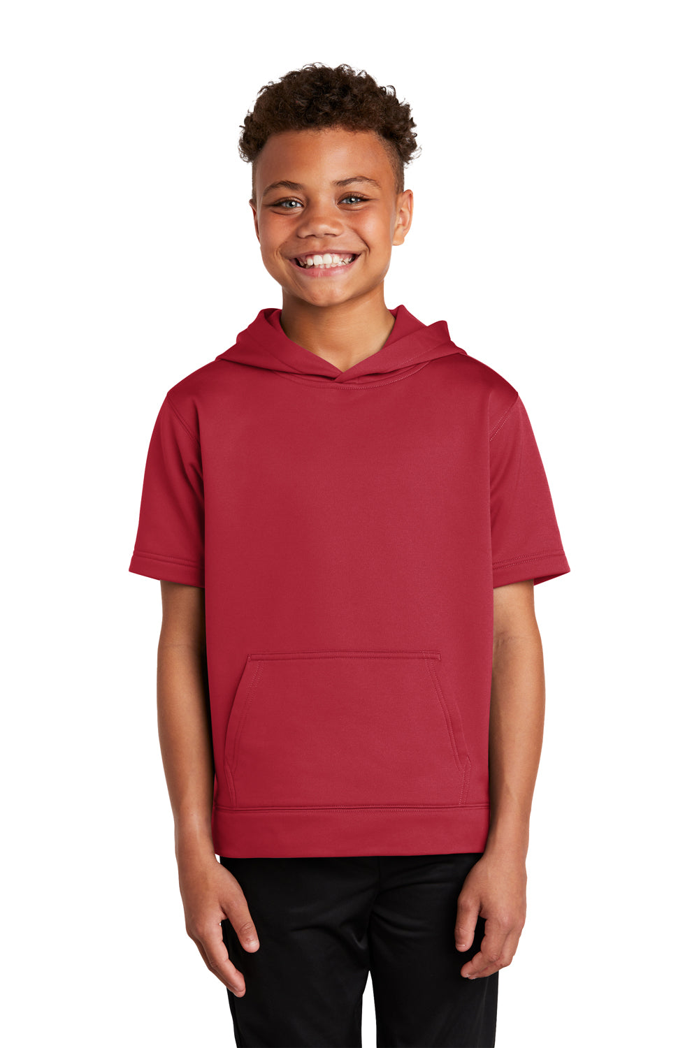 Sport-Tek YST251 Youth Fleece Moisture Wicking Short Sleeve Hooded Sweatshirt Hoodie Deep Red Model Front