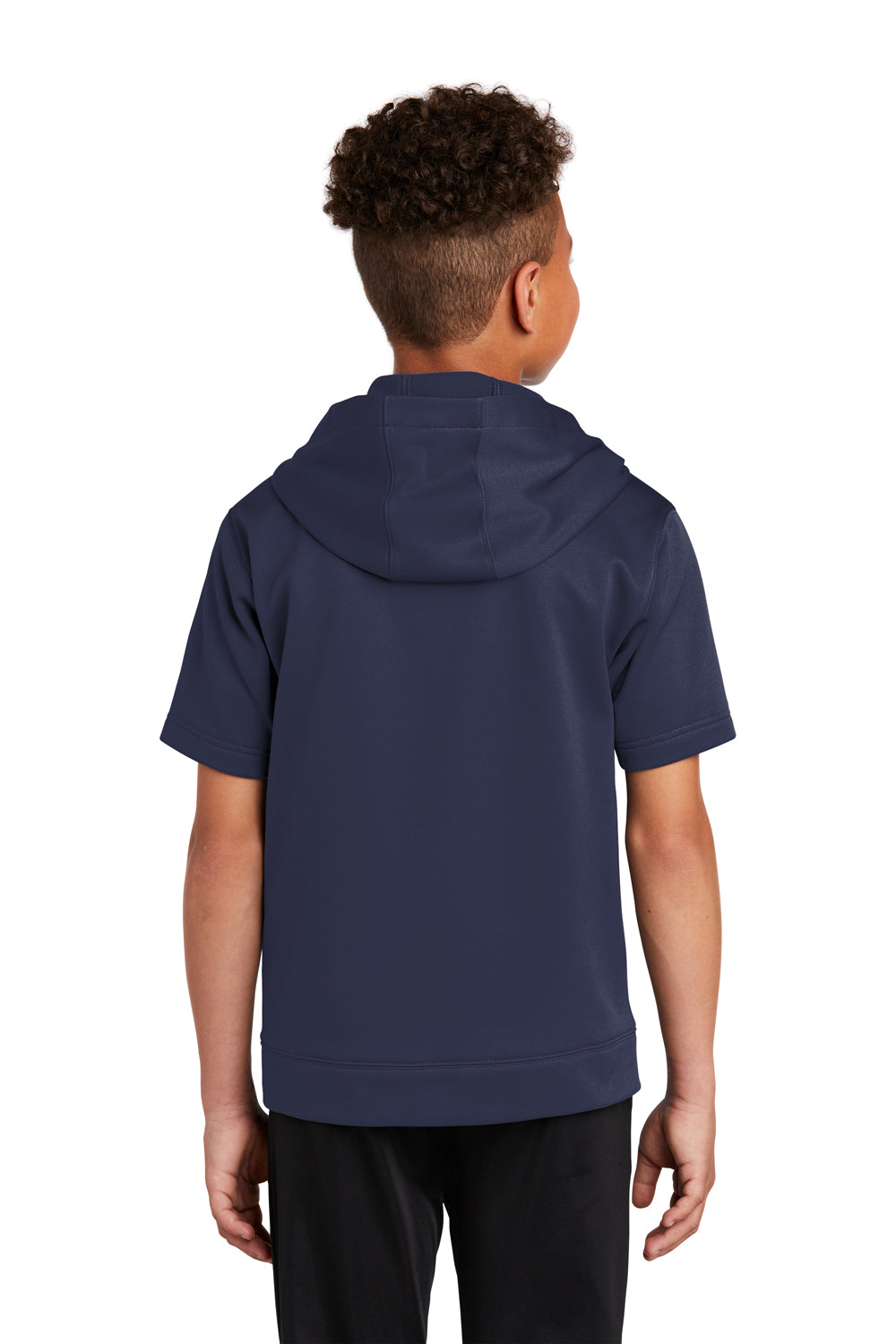 Sport-Tek YST251 Youth Fleece Moisture Wicking Short Sleeve Hooded Sweatshirt Hoodie Navy Blue Model Back