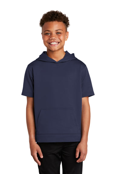 Sport-Tek YST251 Youth Fleece Moisture Wicking Short Sleeve Hooded Sweatshirt Hoodie Navy Blue Model Front