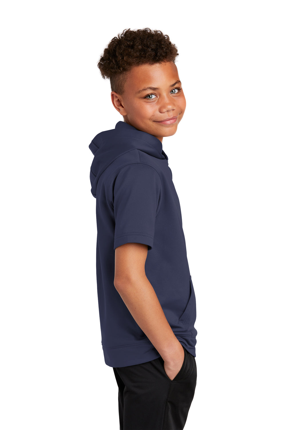 Sport-Tek YST251 Youth Fleece Moisture Wicking Short Sleeve Hooded Sweatshirt Hoodie Navy Blue Model Side